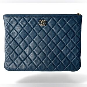 CHANEL Blue Quilted Lamb Skin Clutch with Back Pocket and zippered Closure
